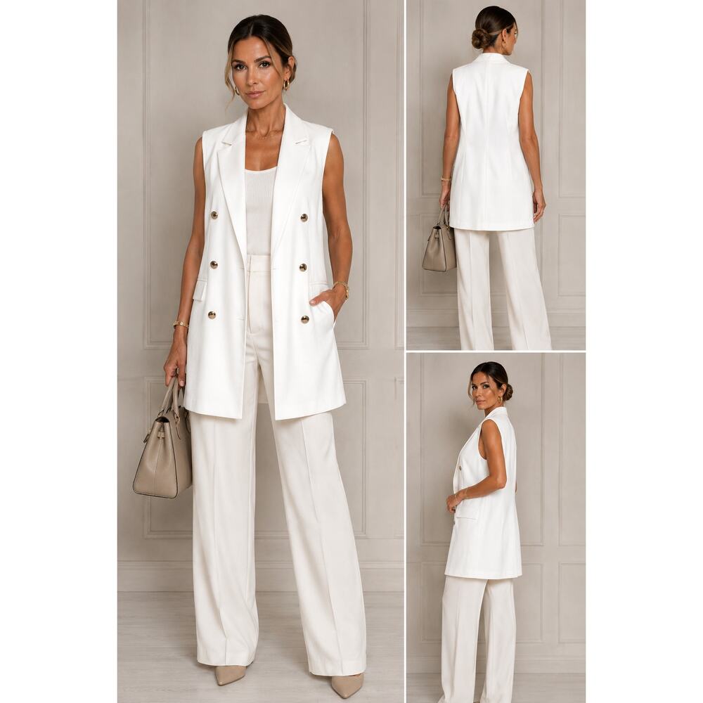 Maison d'Amélie Paris White Sleeveless Longline Blazer Vest Open Front Size M